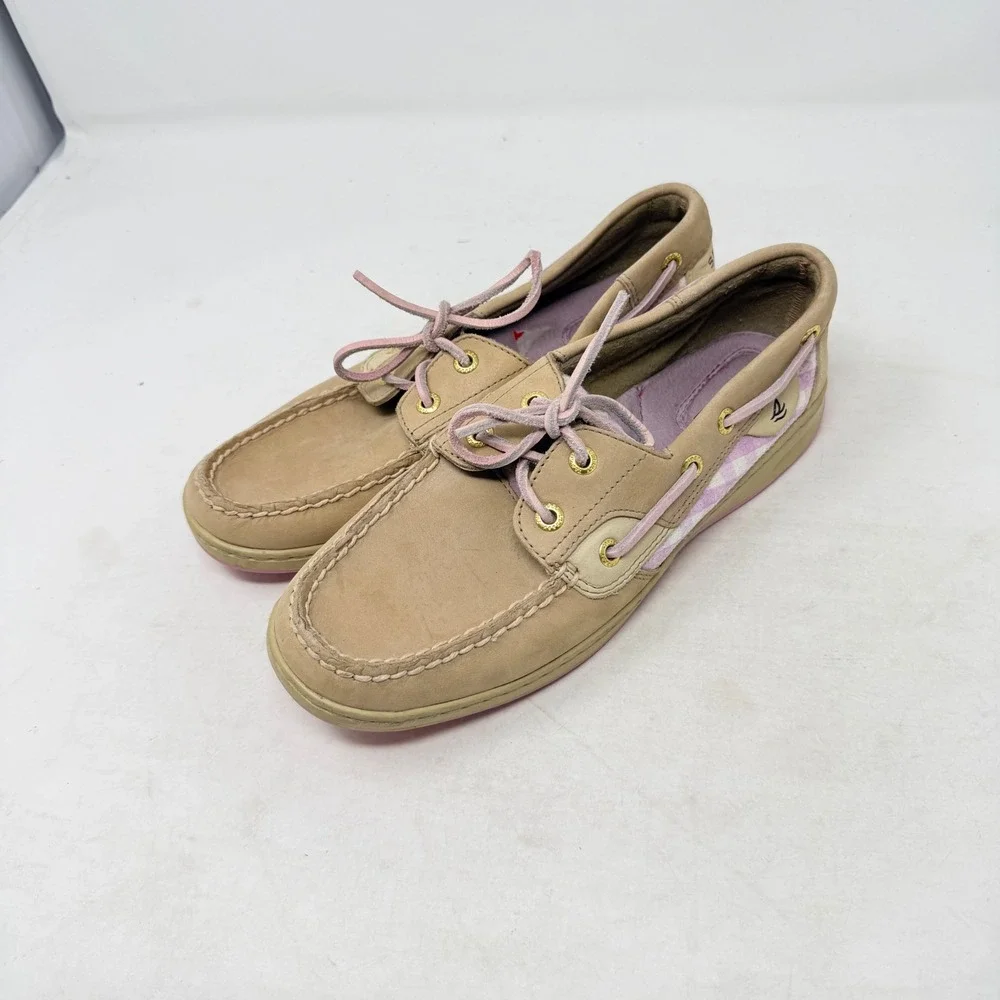 Sperry‎ Bluefish Top Sider Boat Shoes Pink Gingham Tan Leather Lace Up Size 7.5M